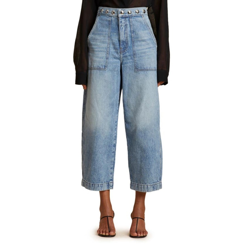 KHAITE Wide Leg Barrel Jeans Womens 28x25 Blue Denim‎ Cropped 'Hewey' $580